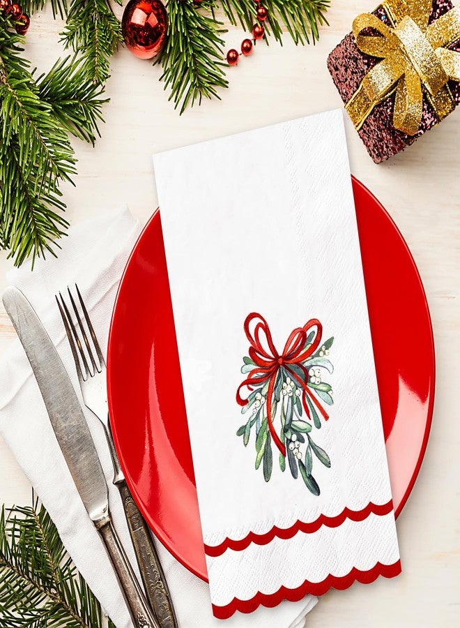 Whaline 100 Pcs Christmas Guest Napkins Mistletoe Holly Scalloped Disposable Napkins Watercolor Dinner Hand Paper Napkin for Bathroom Xmas Winter Holiday Party Table Supplies - Image 3